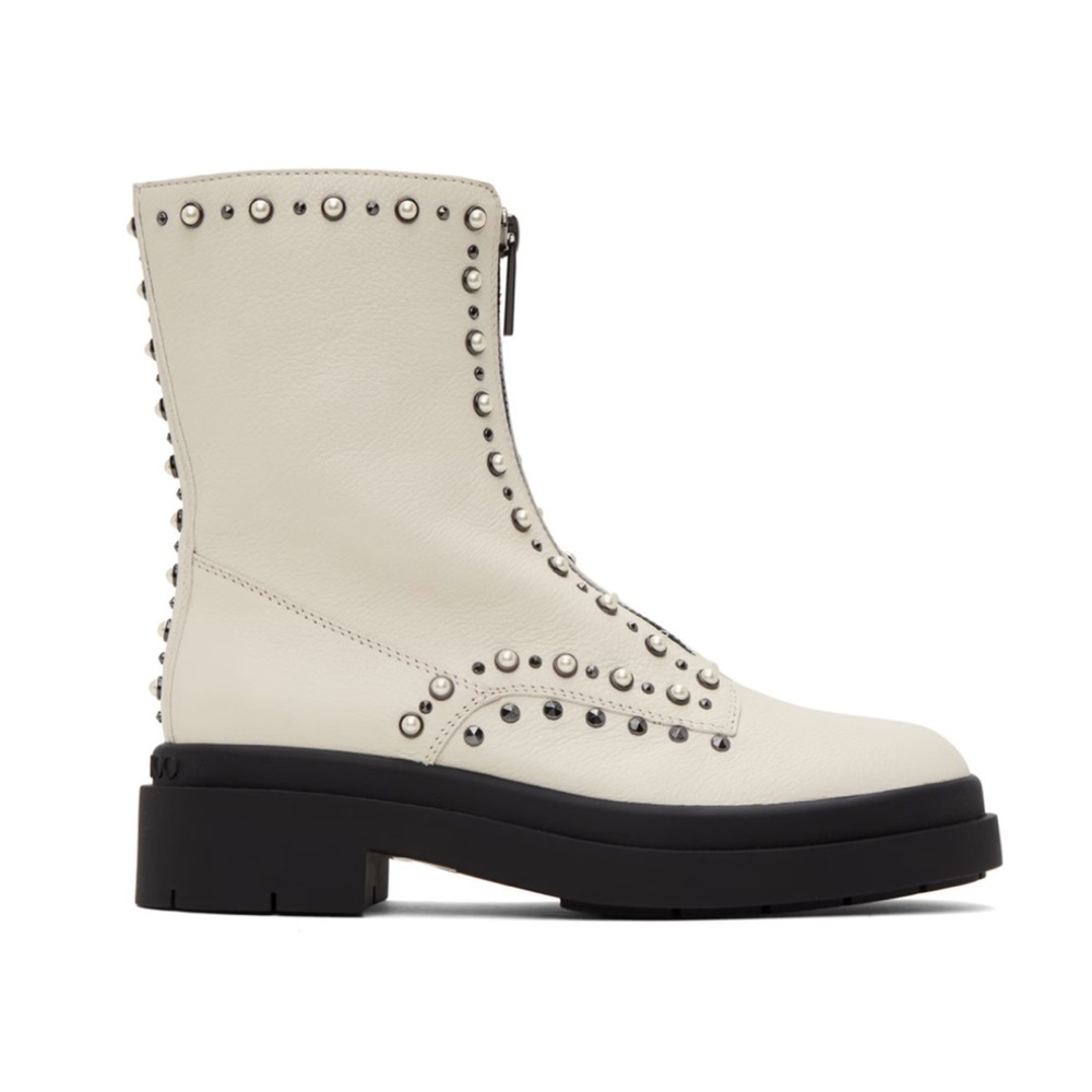 Jimmy Choo Nola Leather Pearl Studded Zip Flat Platform Boot Latte Off White NWT